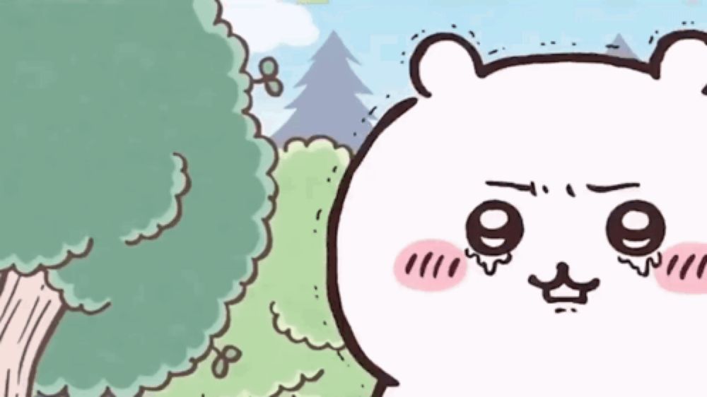 a cartoon bear is standing in front of a tree with a sad face .