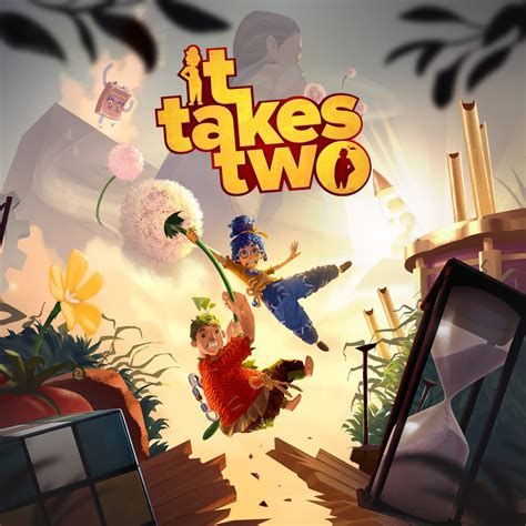 Portada de It takes two, en la que se ve a los dos personajes principales (May y Cody) colgando de un diente de león que flota arrastrado por el viento. Bajo ellos hay una madera rompiéndose sobre la que se encuentran muchos elementos del juego (un cubo de Rubik, un reloj de arena, plantas del jardín...).
En el fondo se puede ver al libro del Dr. Hakim y a Rose casi de espaldas.