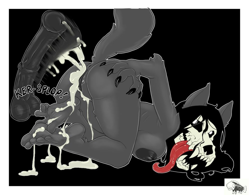 SCP Mal0 is bent over with her ass in the air, looking over her shoulder as she spreads her ass cheeks. A massive horse cock pops out of her freshly fucked pussy with a disgusting "plop", and a massive load of hot cum oozes out copiously onto her feet. 