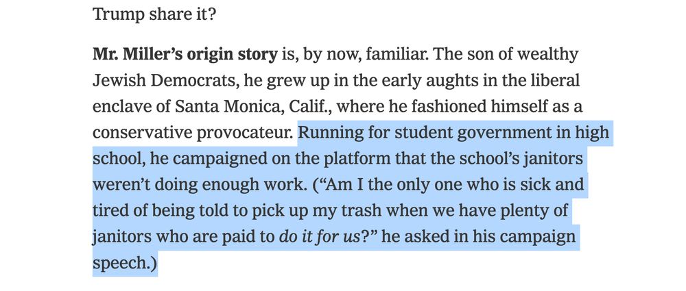 Stephen Miller ran for student council on a platform that the school's janitors weren't doing enough work. Now he has de facto authority over a "security" force that just got $100b more in funding.... 