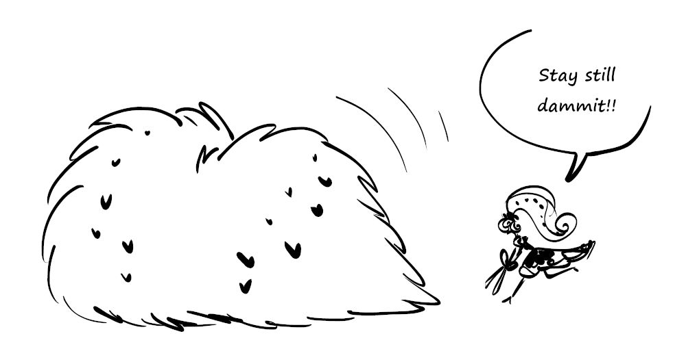 velvette chases after valentino, whose ruff has grown so big that he resembles a tribble
