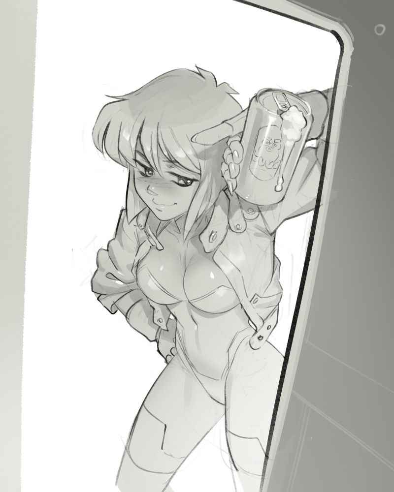 Motoko Kusunagi inexplicably holding an open can of beer upside down.
