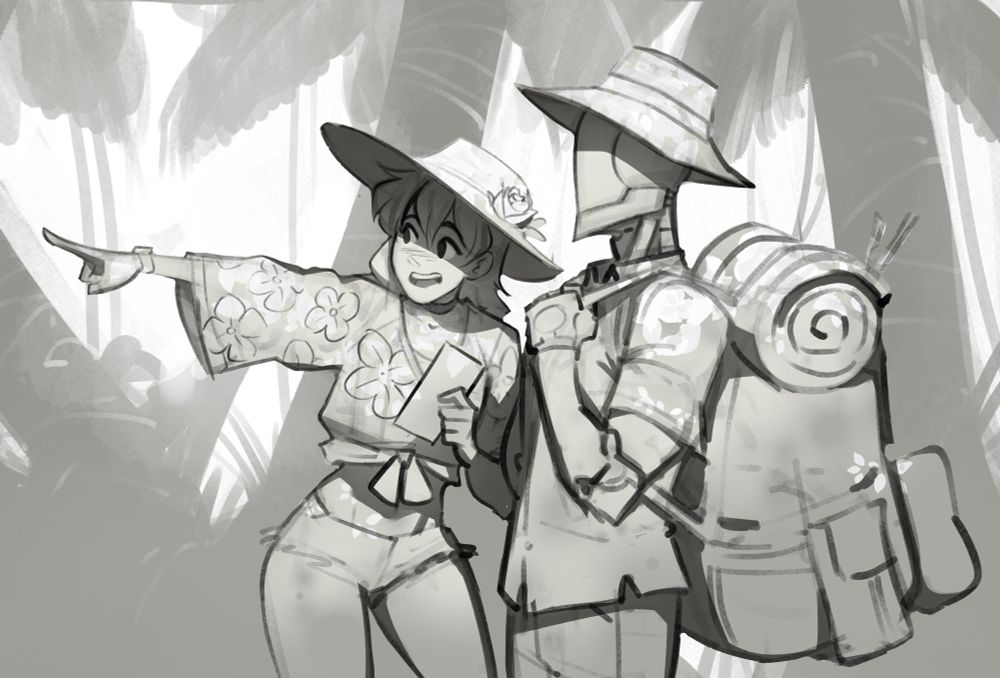 Sketch of a girl and a cyborg exploring