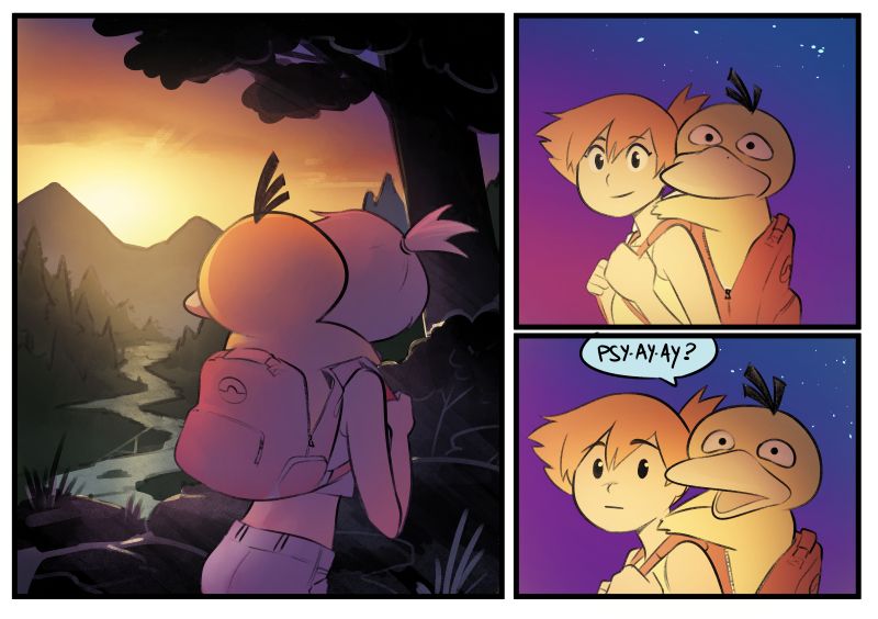 short comic strip of Psyduck and Misty looking at a sunset where the third panel is Psyduck asking psy-ay-ay?
