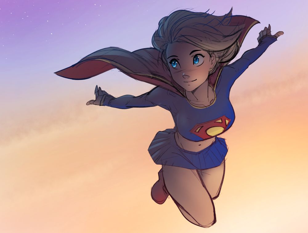 Supergirl in flight against a sunset colored sky