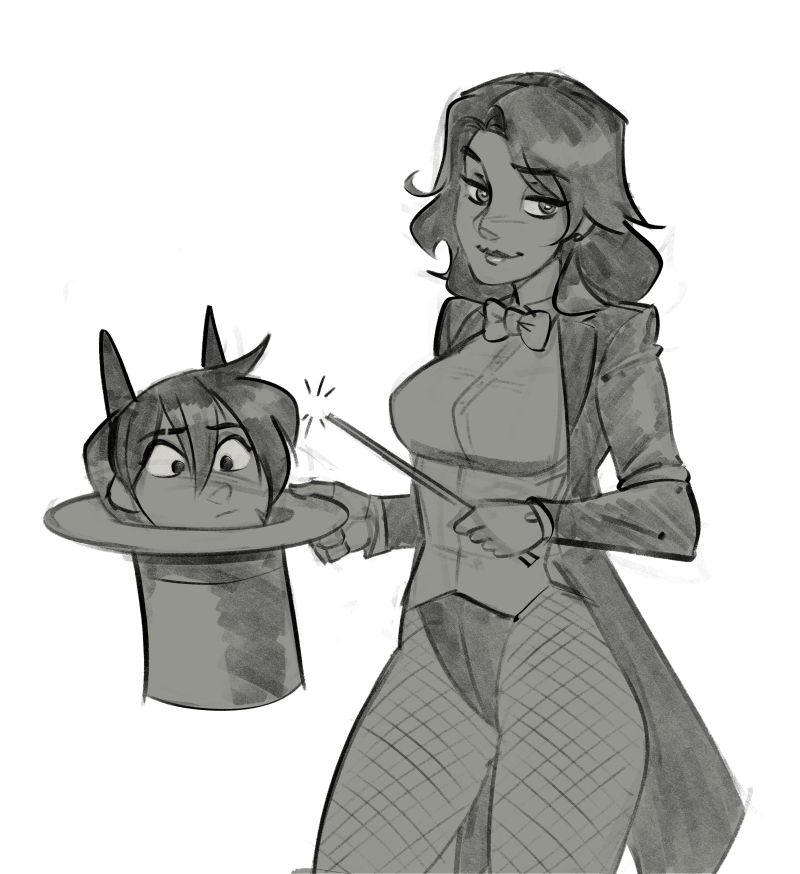 Sketch of DC Comic's Zatanna pulling a Batgirl out of a hat.