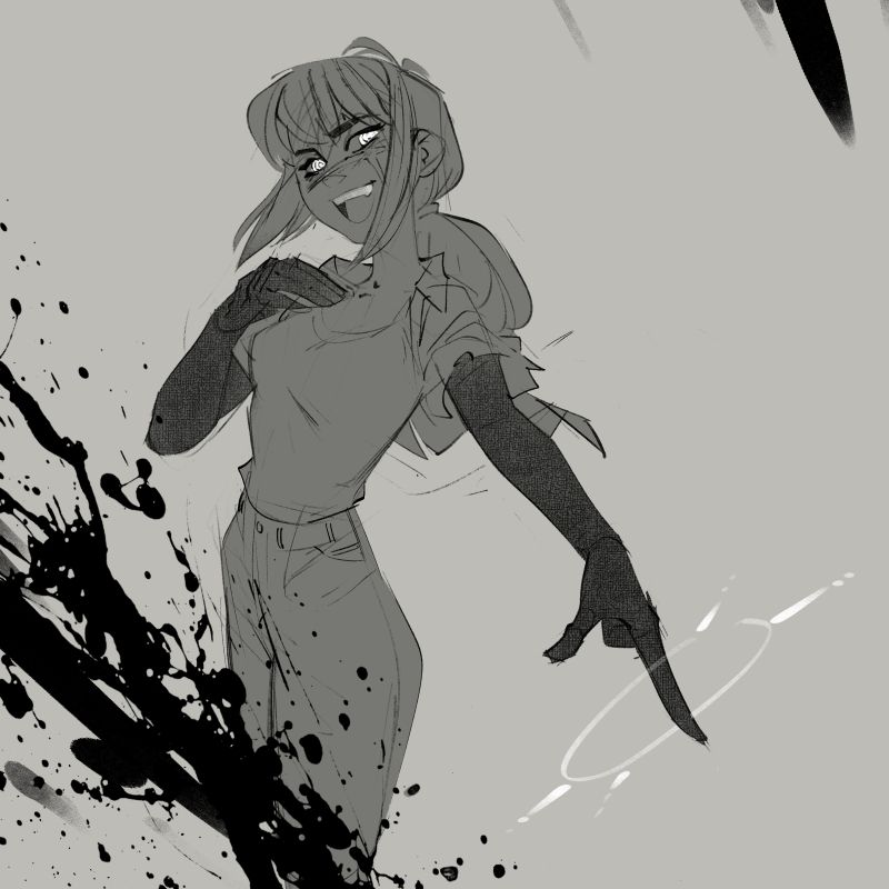 sketch of Yoru, the War Devil from Chainsaw Man pointing a finger gun and laughing as something explodes off frame