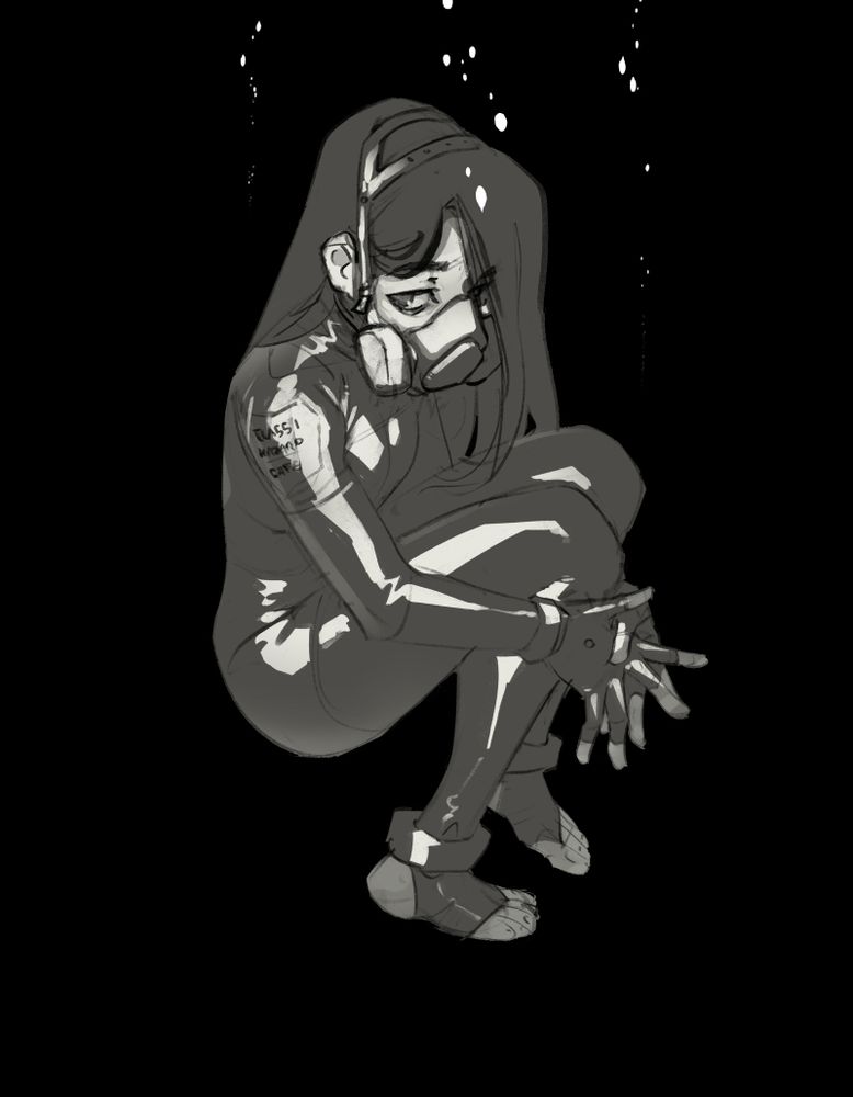 a girl with a face mask on sits floating in a black void