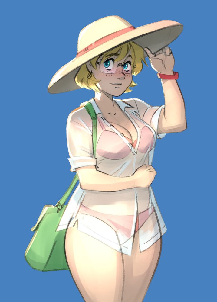 A woman in a big sun hat and a shirt over her bikini