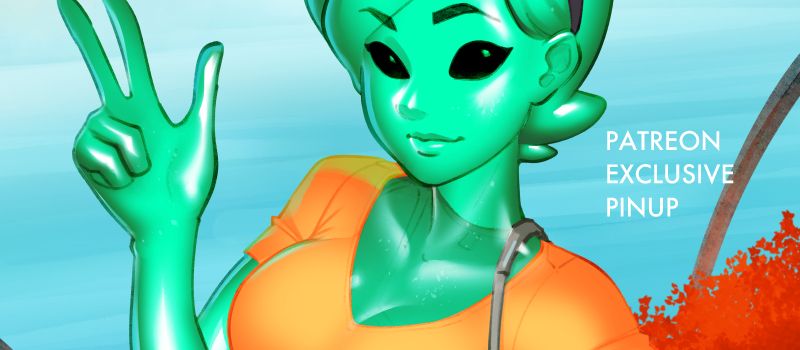 a cropped preview of a pinup of a green alien girl