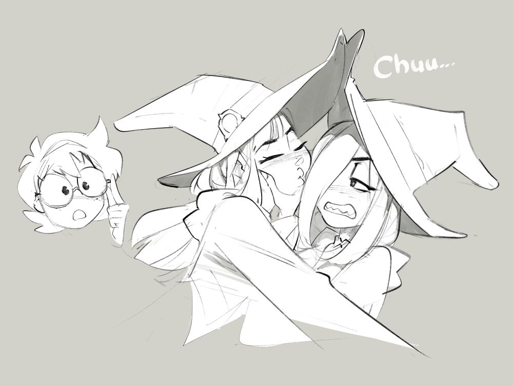 Akko trying to kiss Sucy from Little Witch Academia as Lotte looks on