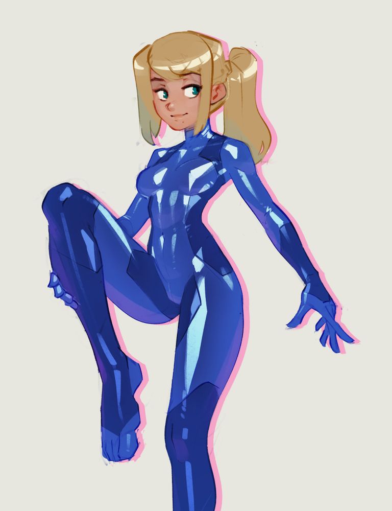 A colored sketch of Samus Aran doing a leg stretch in a shiny suit