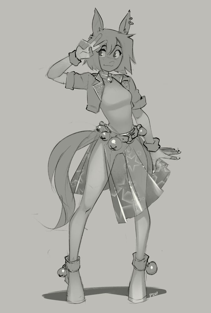 a "horse girl" dressed in a kind of fancy outfit, with a transparent starry skirt, a studded bolero, and bells on her belt. She has the ears and tail of a character from Umamusume