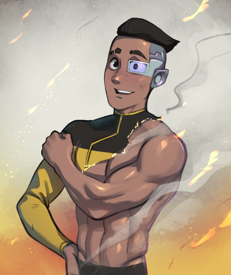 Rutherford from Star Trek Lower Decks with half of his uniform burned off, all sexily like and going "okie dokie"