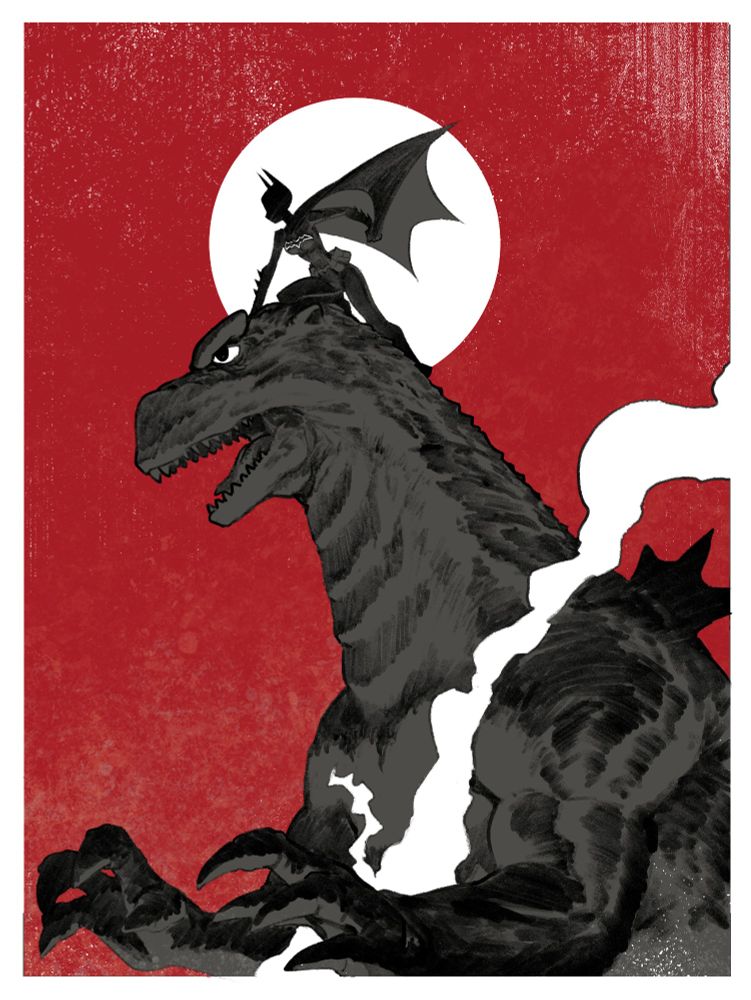 black, white, and red poster of the batgirl Cassandra Cain riding atop Godzilla in front of a red sky.