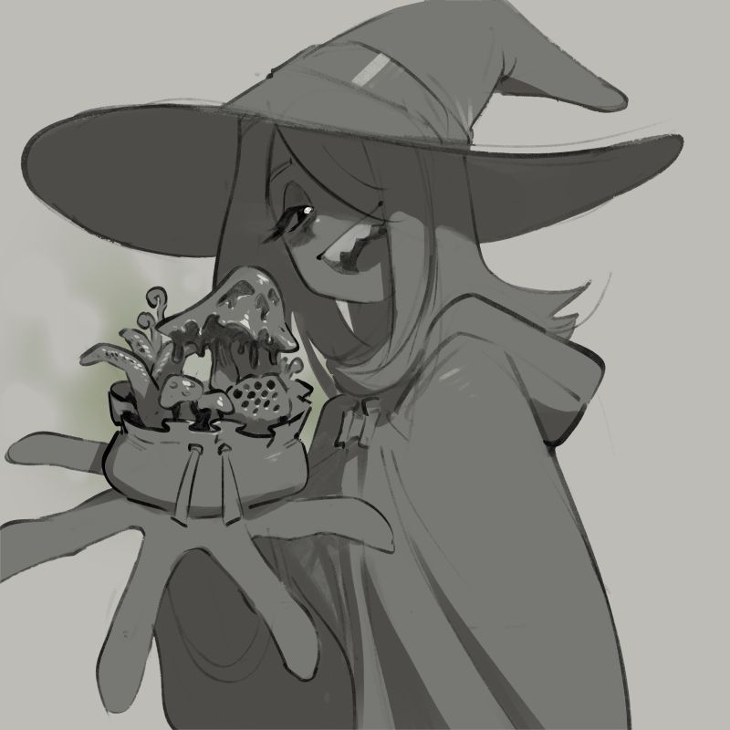 Sucy Manbaran from Little Witch Academia holding a bag of scary mushrooms to the viewer.