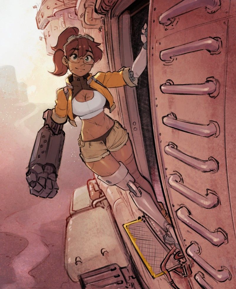 A cyborg girl is hanging out the door on the side of a large brown ship, behind her in the distance is a dusty landscape with a lazy river winding far below.