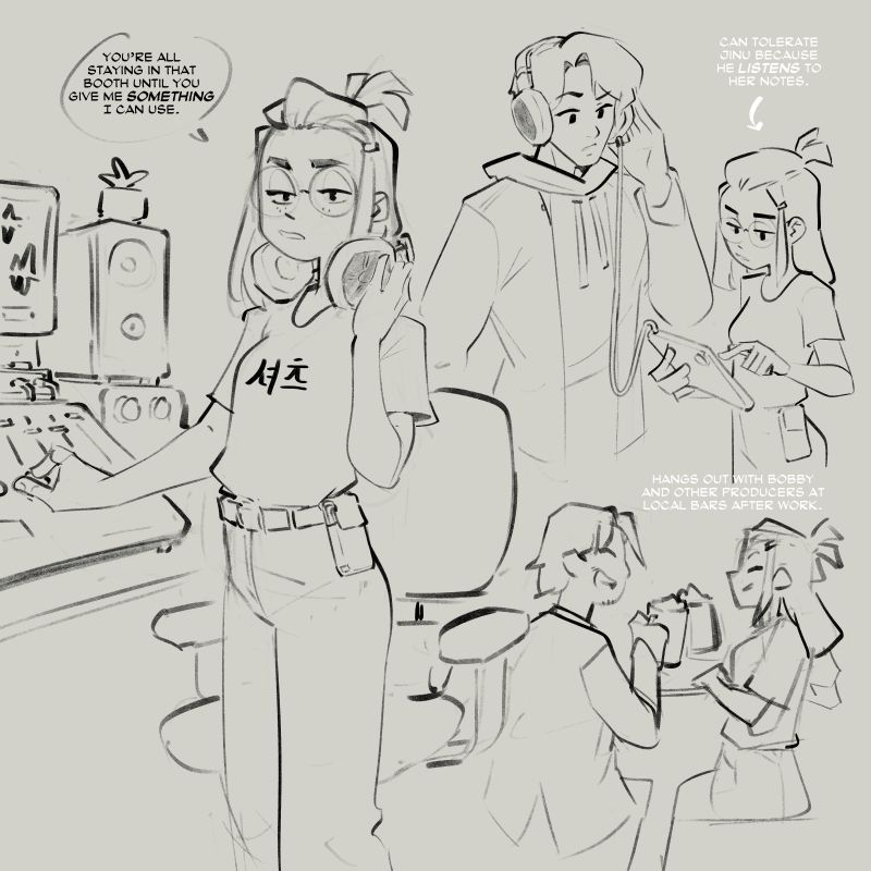 Sketch page of a character working with audio equipment