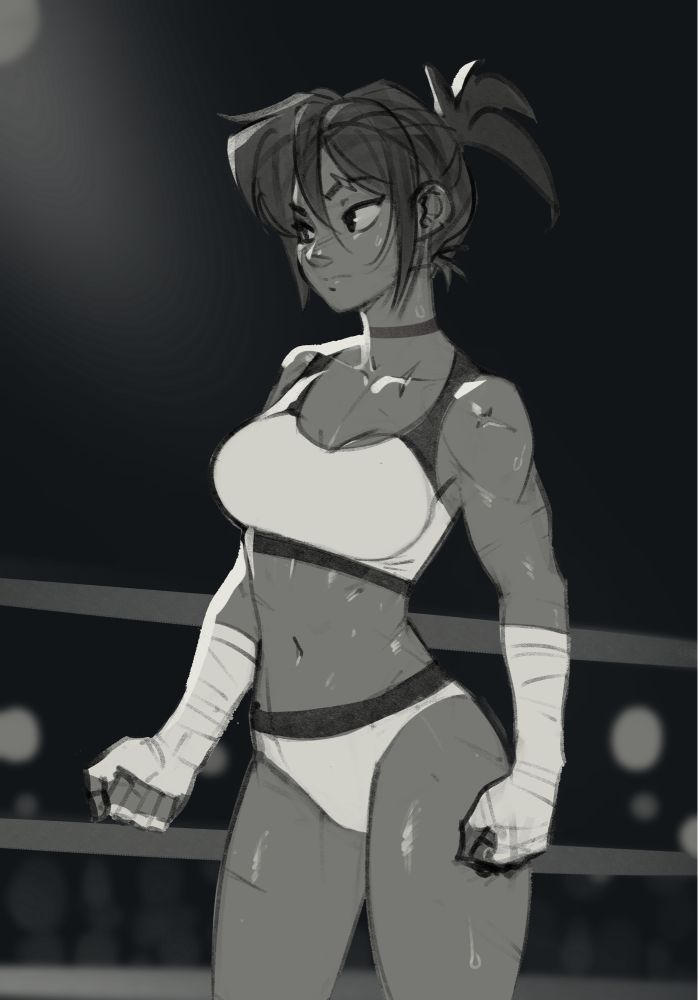 Black and white sketch of a woman in a fighting ring wearing minimal gear