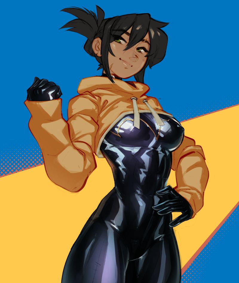 Cassandra Cain in a bolero hoodie over her uniform