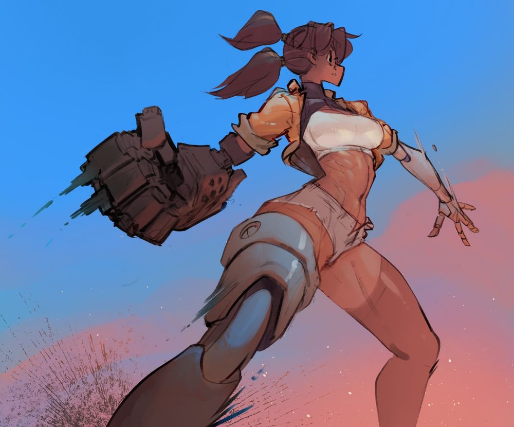 A cyborg girl with a giant arm is winding up for a heavy punch