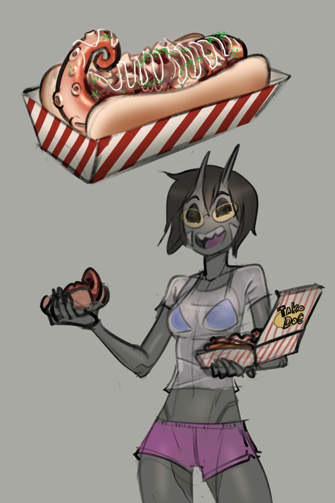 Illustration of an alien girl in shorts holding a "tako dog" an octopus tentacle in a hot dog bun covered in takoyaki toppings