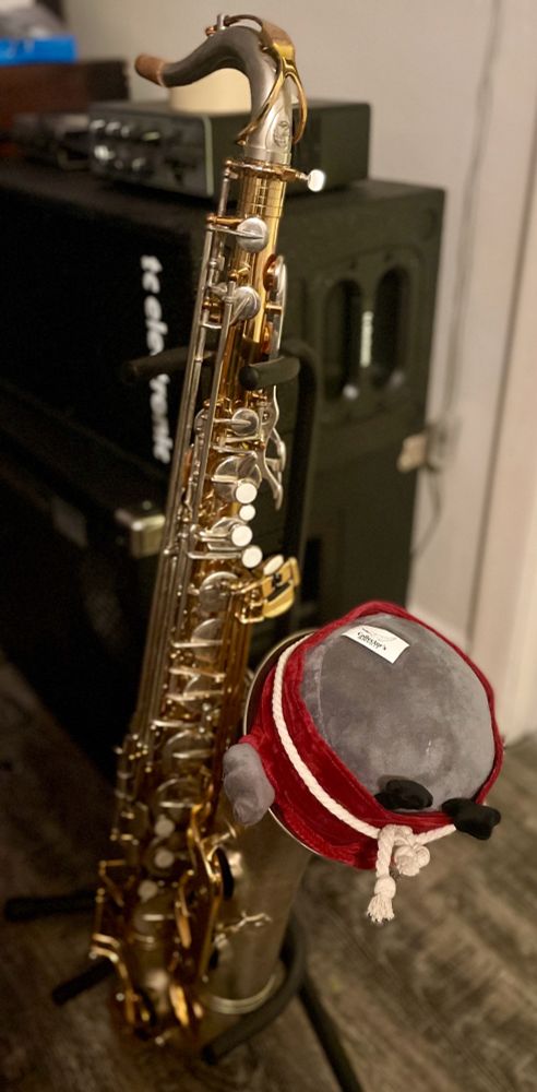 A stuffed crow stuffed head first into a saxophone. It was his idea I was just following orders