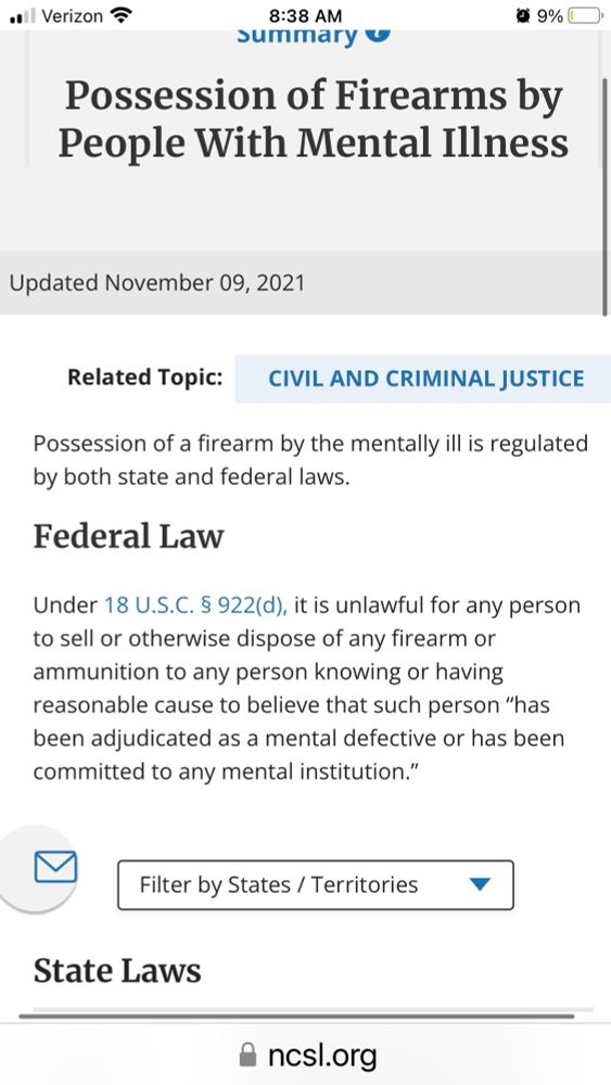 Screen shot of the federal law banning possession of firearms by people with mental illness