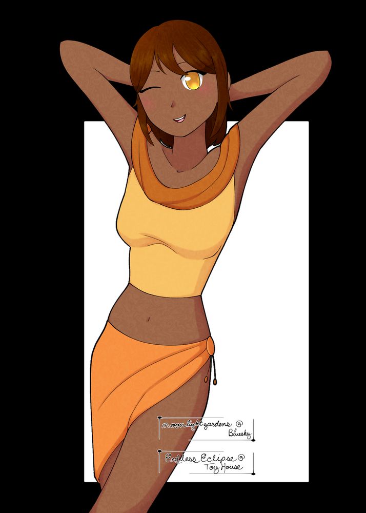 A drawing of a young woman with her hands behind her head and winking at the viewer. She has short reddish-brown hair and is wearing a yellow crop top and orange wrap around skirt.