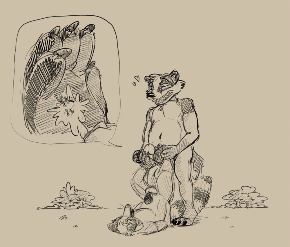 Macro badger with an equally large raccoon laying on the ground before him. The raccoon is giving the badger a paw job, fully padded soles pressed against the badger’s erect member. In the top left is an insert showing the bottom of Roky’s paw with Freder struggling in the sticky aftermath of a cumshot. The giant figures are standing in a grassy field with trees and bushes in the background. Black and white sketch on a tan canvas. 