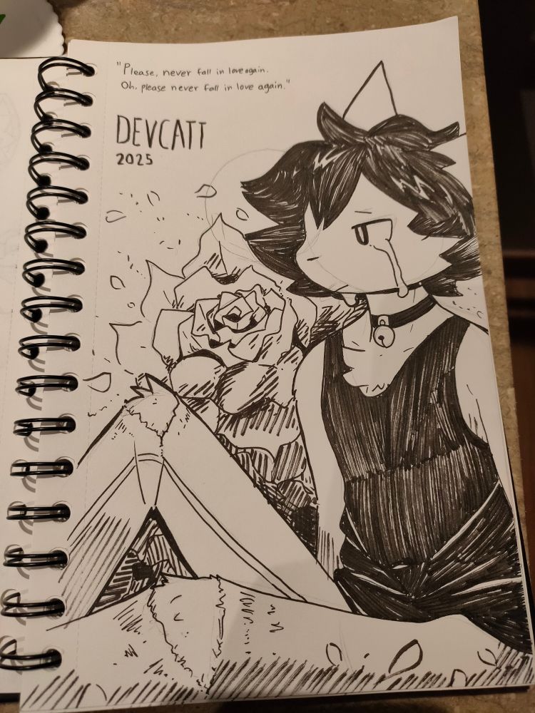 Pen drawing of a sad cat boy.