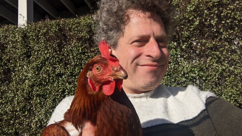 Spaceman Paul sits in front a hedge, holding an elegant golden-brown chicken.