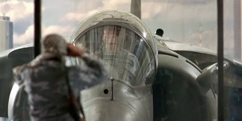 Funny scene in True Lies where Arnie flies a Harrier jet to a skyscraper...