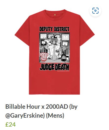 T-shirt in red showing design with 2000AD's Judge Death in a suit sitting as a Deputy District Judge