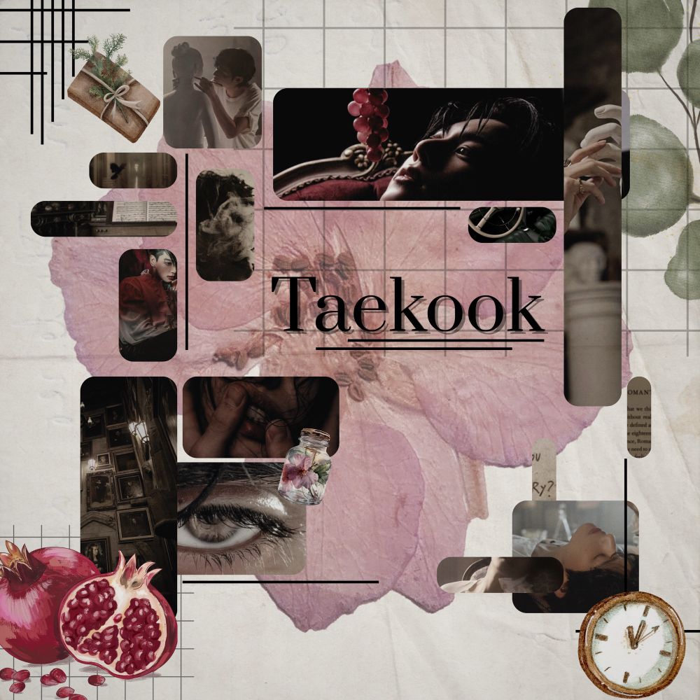 a Taekook moodboard with a watercolour/paper background and a collage style. There is a pink pressed flower on a medium opacity with photos of Taekook overlaid on top in an irregular arrangement. Additional designs include an illustrated pomegranate, a stopwatch, and a package tied up in brown paper. 
In the center, the word “Taekook” in a black serif font.