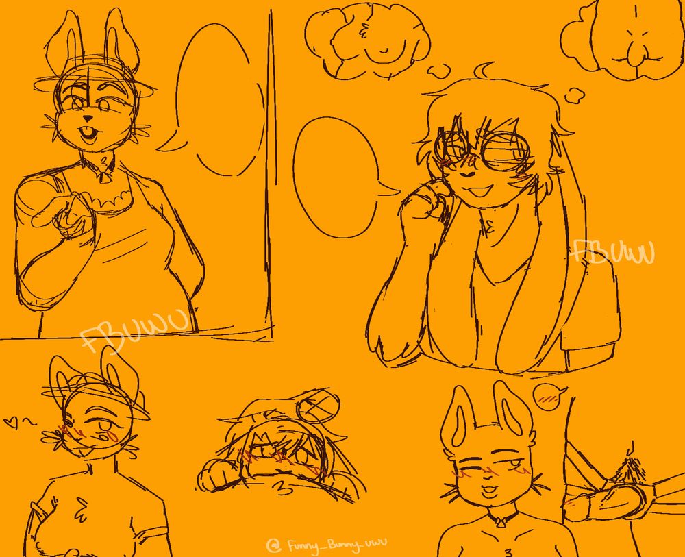 A yellowish gold background with black sketches of the undertale character 'shopkeeper' known as QC in various safe for work and not safe for work poses including my persona Dev.