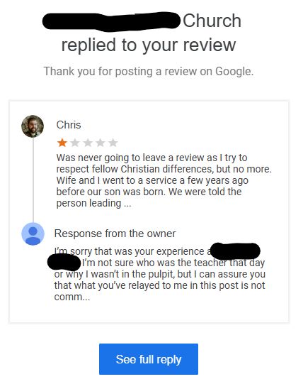 1 star review left for a church that called fellow Christians "heretics" for being liberal.

There is also a response from the pastor asking to meet.
