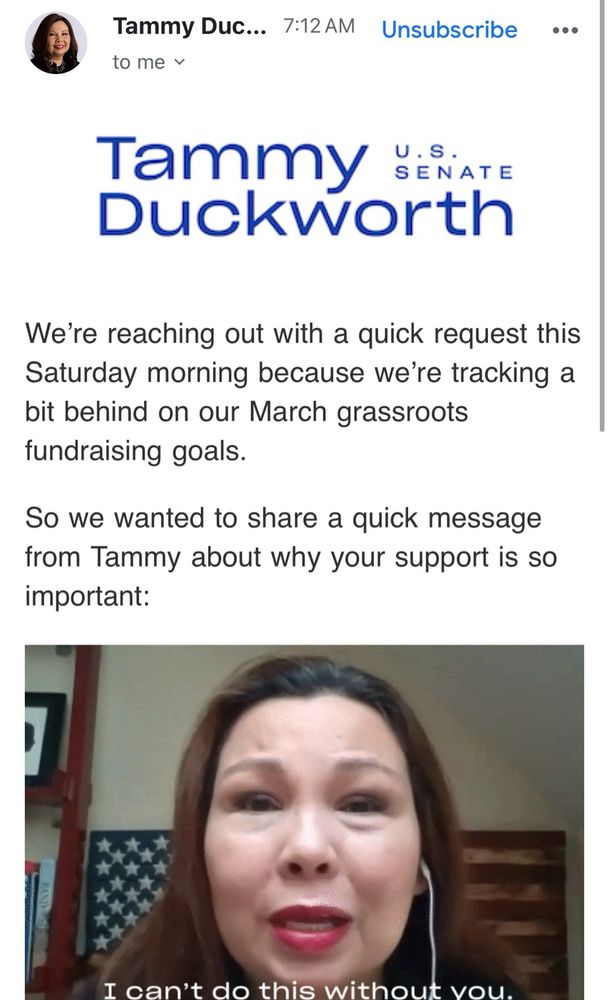 Tammy Duckworth asking for money for her campaign.