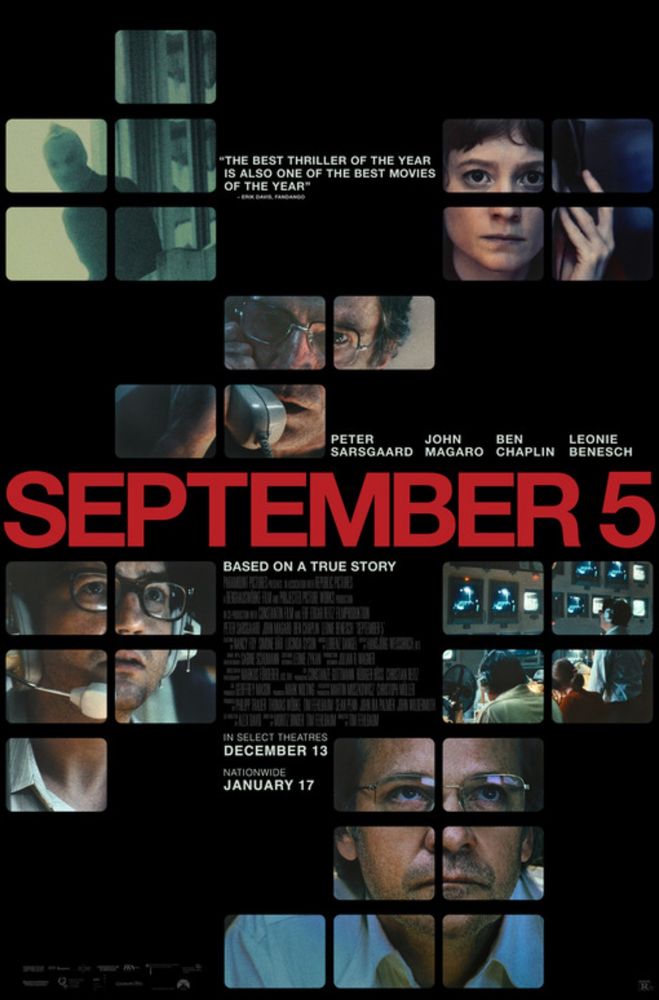 A movie poster for the film
September 5 showing a grid of faces of news producers looking tense and focused, with a shot off centre showing a still of a Black September attacker with a face mask