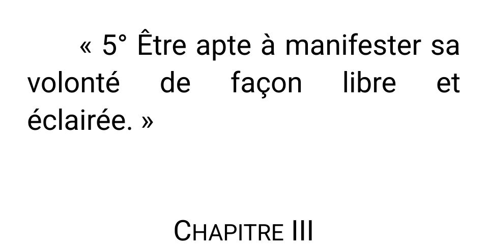 Capture d'écran de la 5ieme condition d'accès au droit au suicide assisté "Être apte à manifester sa volonté de façon libre et éclairée."