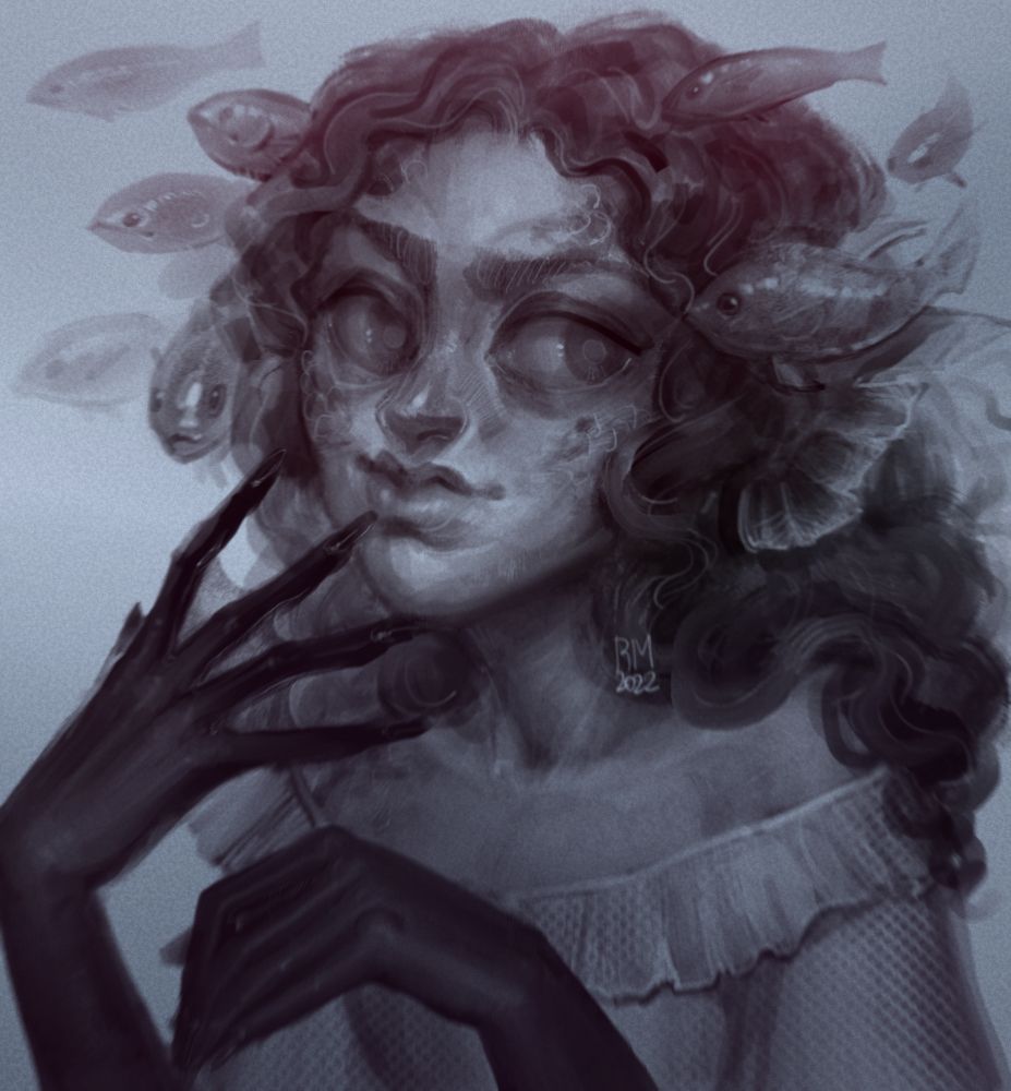 Female with black hands, curly hair, fins instead of ears and lots of fish around her head.