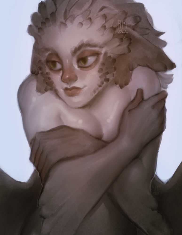Harpy that hugs herself. She has pair of wings on her back, on her arms, on her ears. Some feathers are on her cheeks and instead her hair.