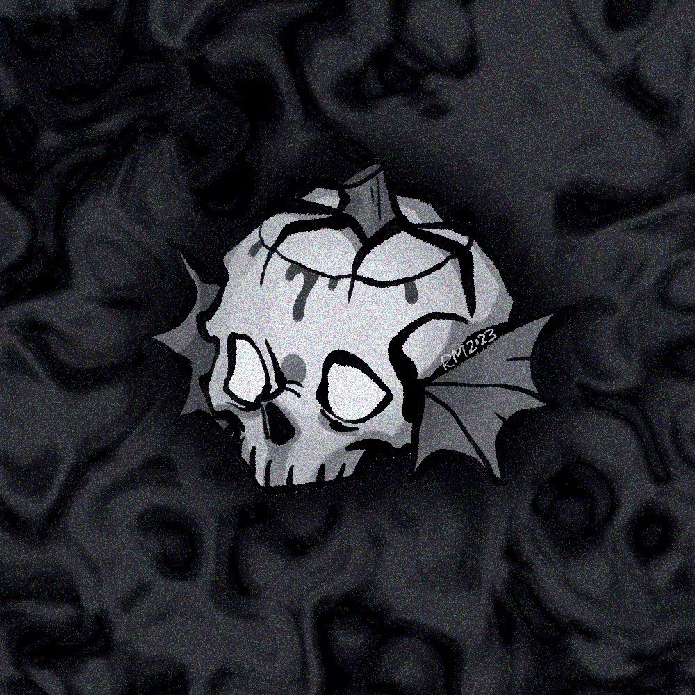 Pumpkin-looking skull with fins. B/W edition.