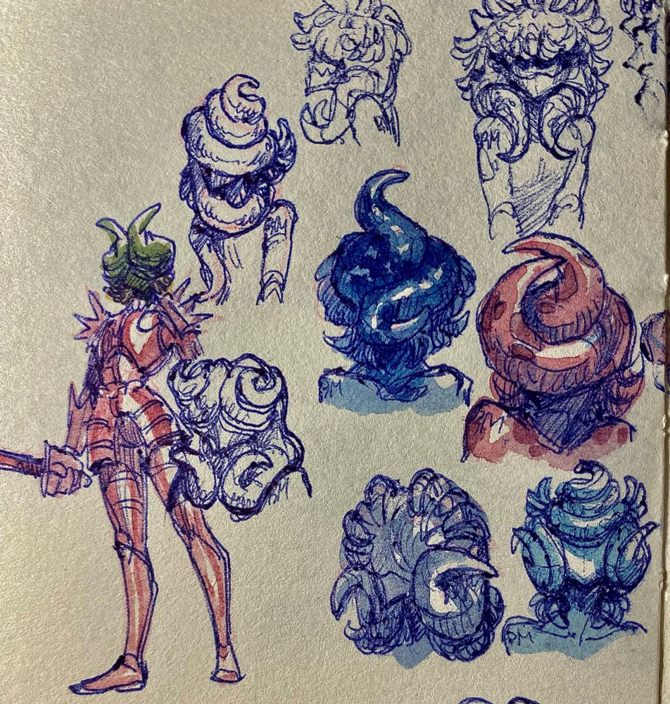 A few heads who have two or more flexible horns, composed and posed differently. 
