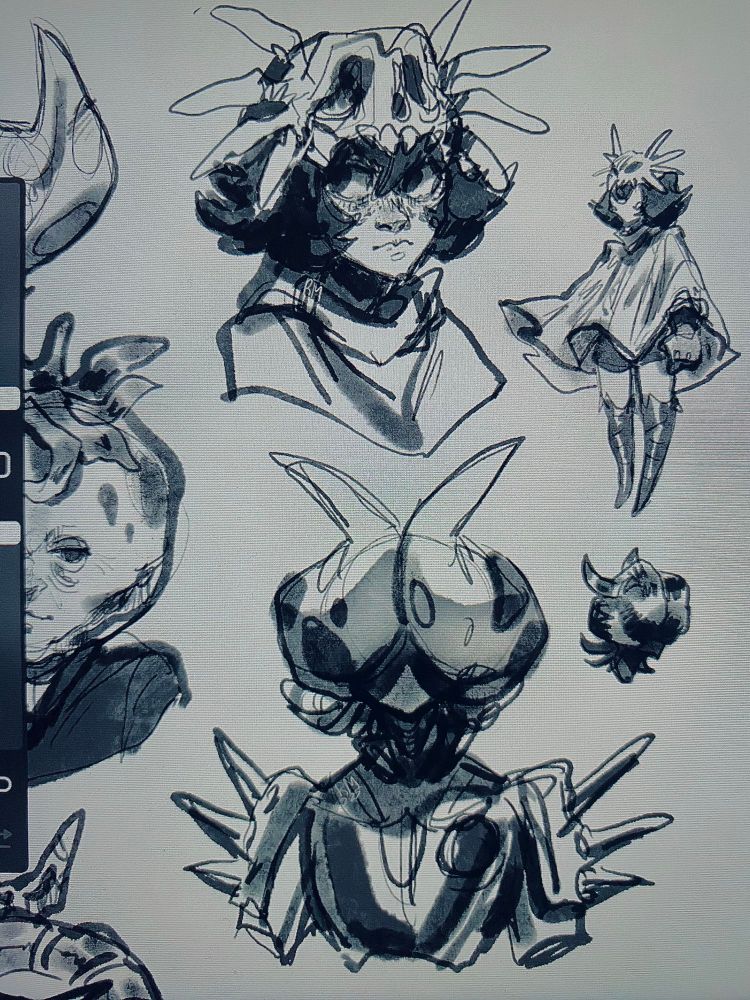 Sketches of portraits. Somsnosa and Dedusmuln can be seen. 