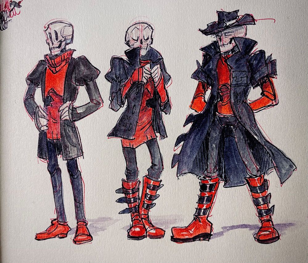 Papyrus in three different red-black outfits. Last one is referencing his proto-version who wears a hat.