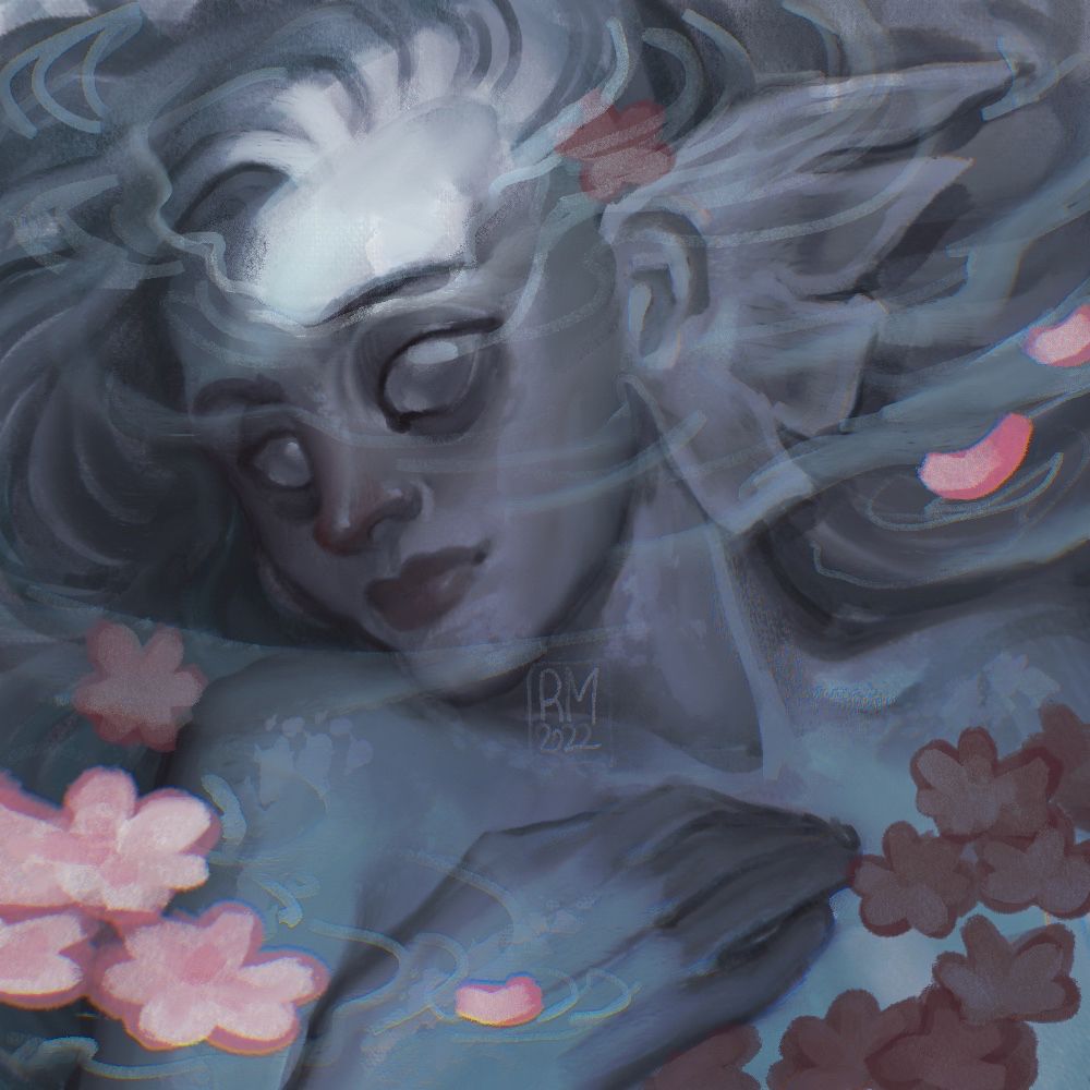 Mermaid with cyan skin underwater. There’s pink flowers floating above her.