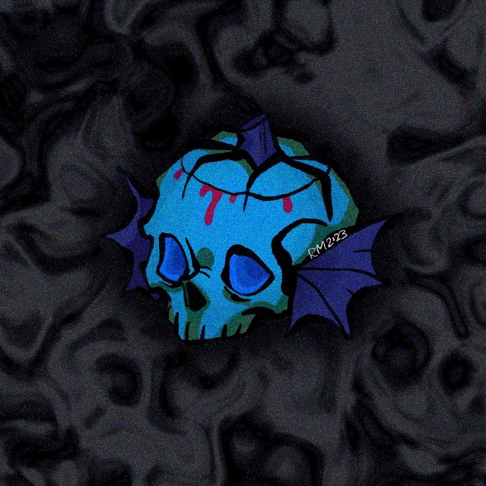 Pumpkin-looking skull with fins. Blue edition.