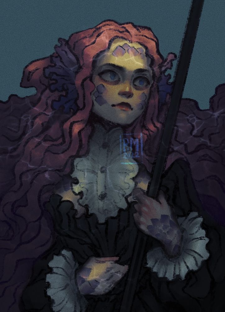 Mermaid in black and white dress. Her hair is pink, her scales are violet.
