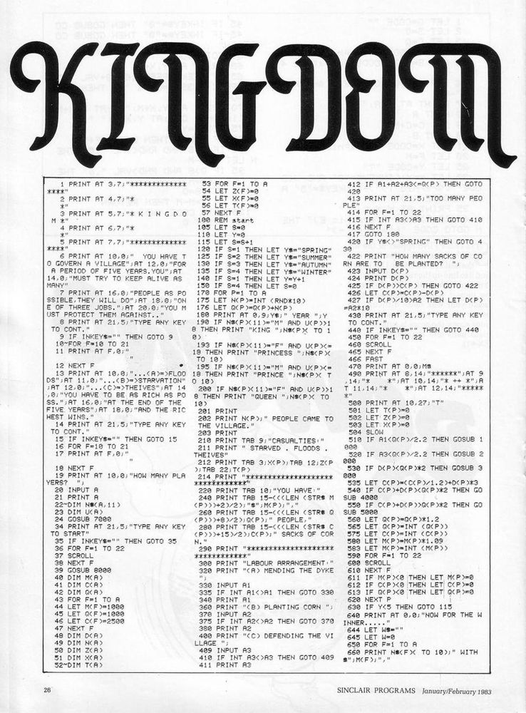 A magazine page scan. It reads "Kingdom" at the top followed by a series of programming instructions for a game.